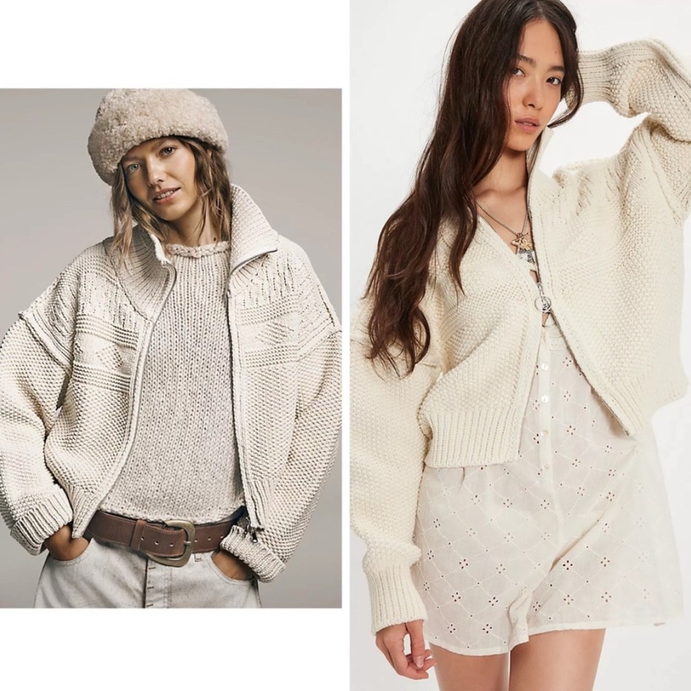 Free People Lil Lad Cardigan Knit Sweater‎ Cream Zip Up Size Small z